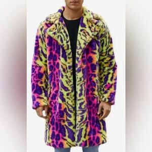 3X Unisex Oversized Colorful Neon Leopard Print Faux Fur Festival Coat